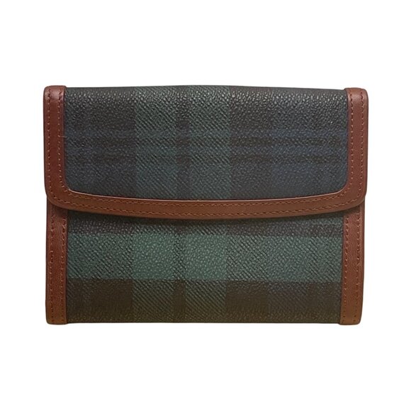 Polo Ralph Lauren Women's Classic Navy & Hunter Green Plaid Brown Trim Wallet - Picture 1 of 9